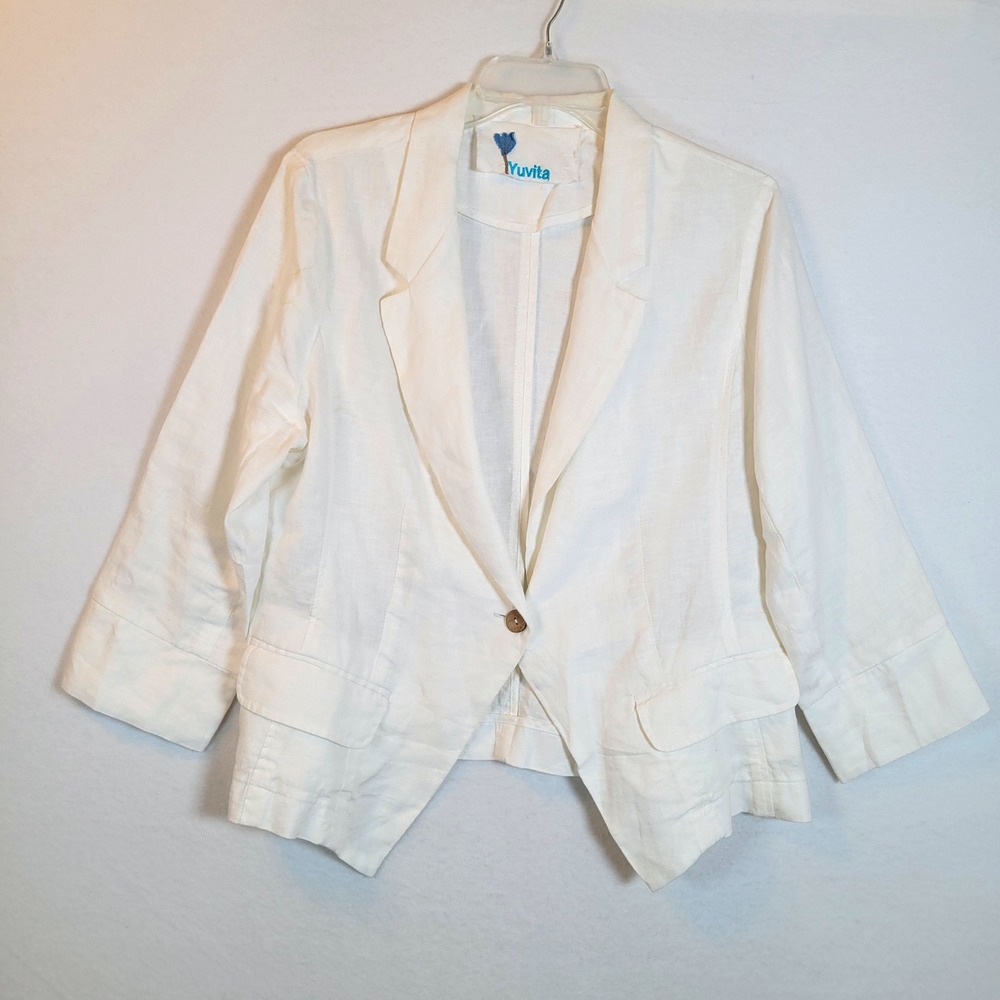 Yuvita Womens Linen 3/4 Sleeve Button Jacket Blazer Top Size XL White Resortwear